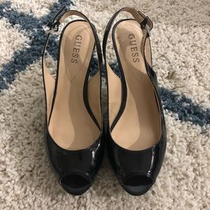 Guess Black Patent Leather Peep Toe Slingback Sz 8